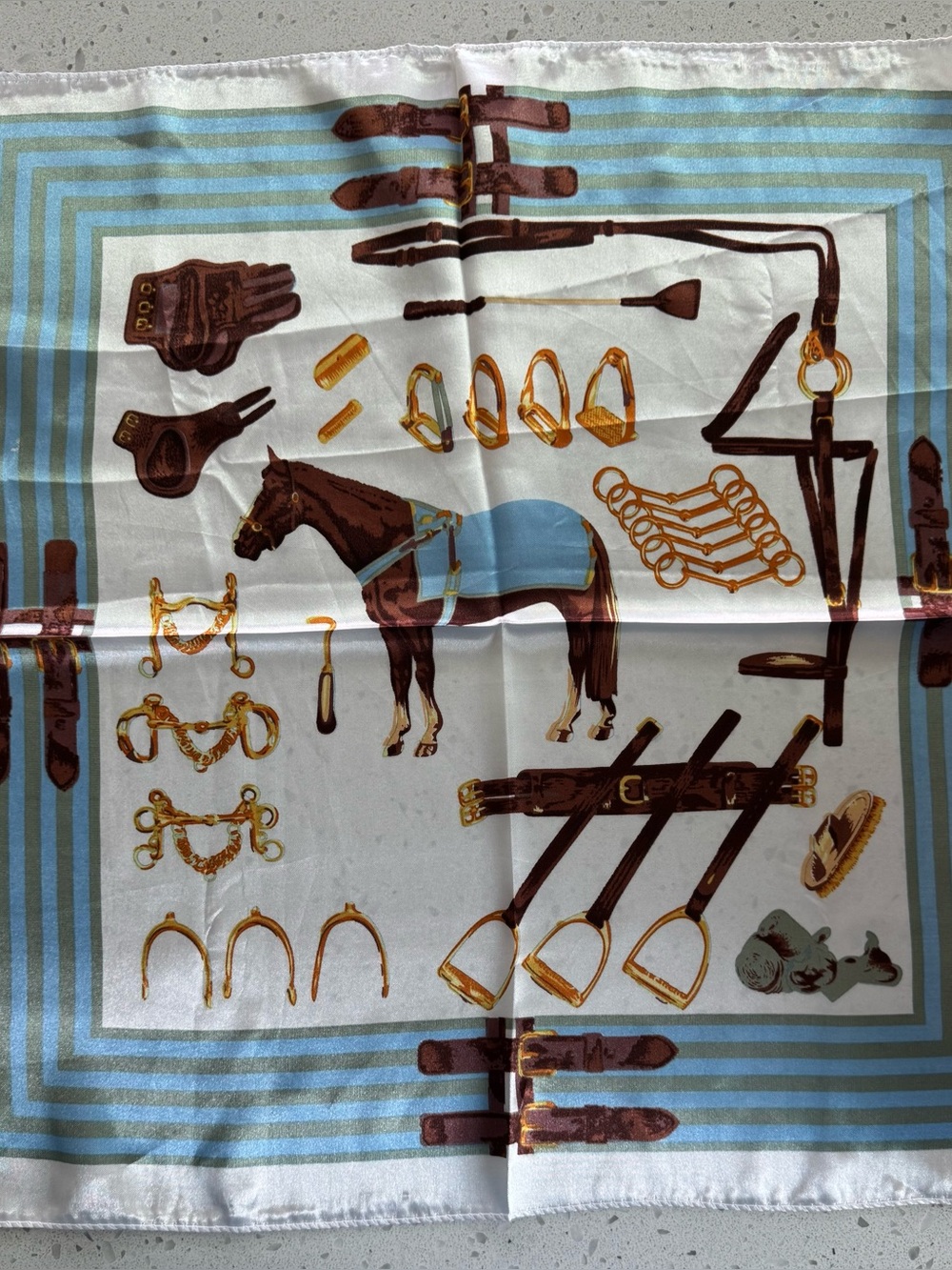 Horse Tack Print Silk-Feel Pocket Square - Blue, Brown, Gold